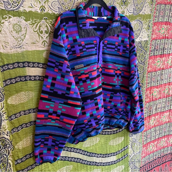 Vtg 80's Columbia Aztec Print Radial Sleeve 1/4 Snap Fleece Jacket Size L - HOLE - Picture 6 of 16